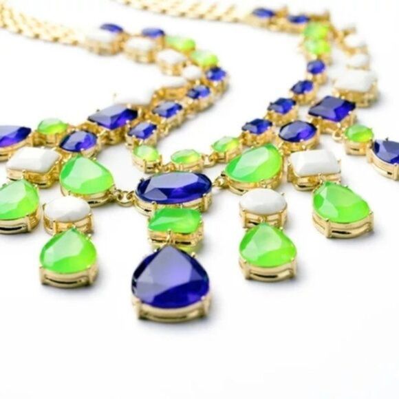 Royal Blue Crystal Rhinestone Statement Gold Collar Necklace - Picture 6 of 12